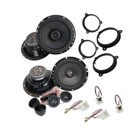 Pachet cu 2 difuzoare componente si 2 difuzoare coaxiale dedicate Dacia, cu inele si cablaj plug and play