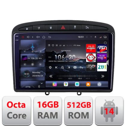 Navigatie Peugeot 308 2007-2014  Edotec Kit-038 8 core QLED 2K 16+512GB 360 Android Waze USB Navigatie Internet Youtube Radio