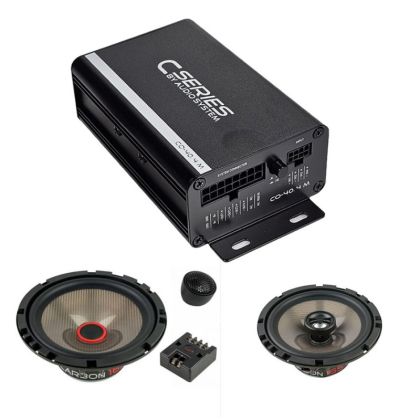 Pachet difuzoare component fata 80W RMS + coaxial spate 70W RMS,  cu amplificator CO-40.4 M 40W RMS, toate in 4 ohm, cu inele difuzoare plug & play