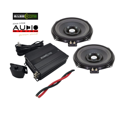 Pachet 2 subwoofere Audio System dedicate pentru BMW E/F/G, cu amplificator 1 canale de la BassCore si cablu de alimentare de 5 metri.