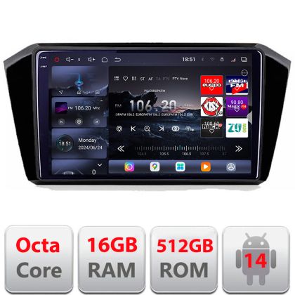 Navigatie VW Passat 2015- Edotec Kit-518 8 core QLED 2K 16+512GB 360 Android Waze USB Navigatie Internet Youtube Radio