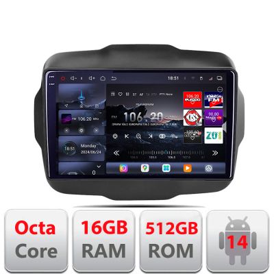 Navigatie Jeep Renegade 2015-2020 Edotec Kit-500 8 core QLED 2K 16+512GB 360 Android Waze USB Navigatie Internet Youtube Radio