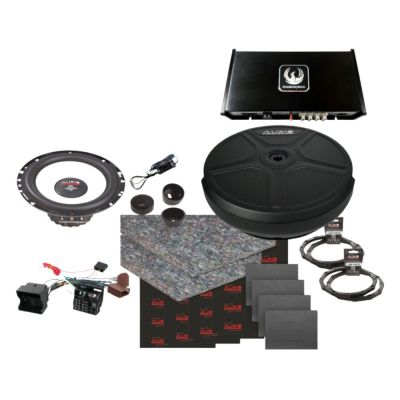 Pachet SQ - difuzoare  fata + spate MX EVO  cu amplificator cu DSP ZDA4.6, subwoofer roata rezerva,  inele si cablaje plug&play pe masina