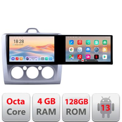 Navigatie Ford Focus clima manuala Kit-140-manual Edotec 2 ecrane  8 core 4+128 21.6 inch Incell android Wifi 5Ghz gps internet 32