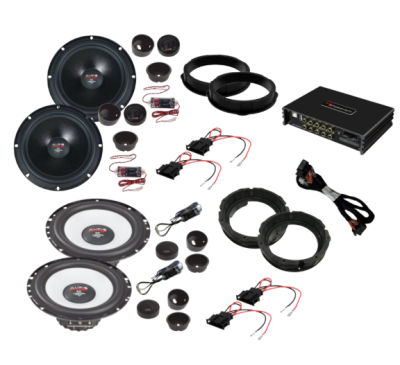 Pachet audio compus din 4 difuzoare componente, fata si spate, cu amplificator DSP, dedicate VW PASSAT, cu inele si cablaje plug and play